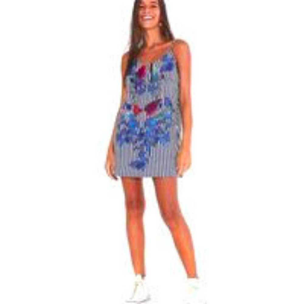 FARM Rio Embroidered Applique Stripe Mini Dress Coastal Tropical